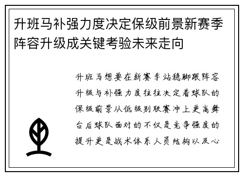 升班马补强力度决定保级前景新赛季阵容升级成关键考验未来走向